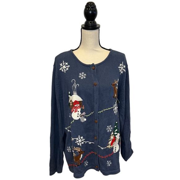 Vintage Bechamel Not Ugly Christmas Cardigan Sweater Blue Snowmen Reindeer 2XL - Picture 2 of 6